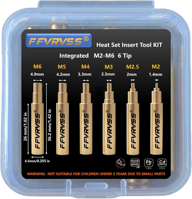 FFVRVSS Premium Heat Set Insert Tool kit, for Threaded inserts M2 M2.5 M3 M4 M5 M6 M8, Soldering Iron Tips for Plastic 3D Printer Users, Compatible FX-888D 900M T18 Irons (M2-M6 Integrated 6 Tips) - Image 1